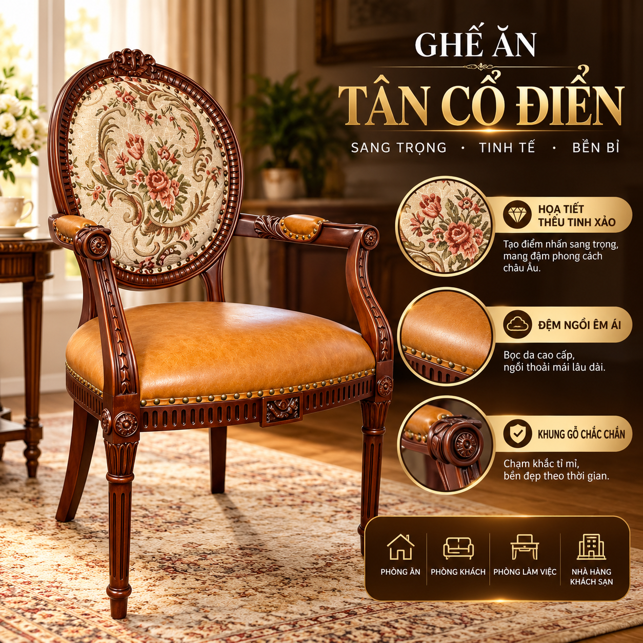 GHẾ ĂN CỔ ĐIỂN LOUIS 16 CÓ TAY